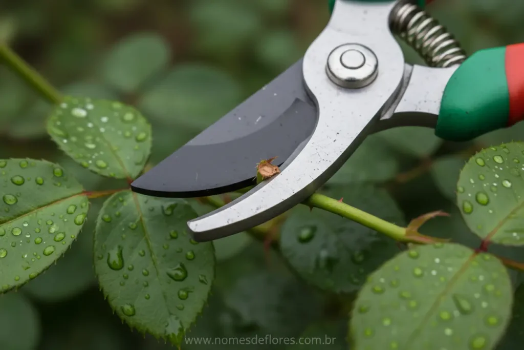 Tesoura bypass cortando galho fino e verde da planta.