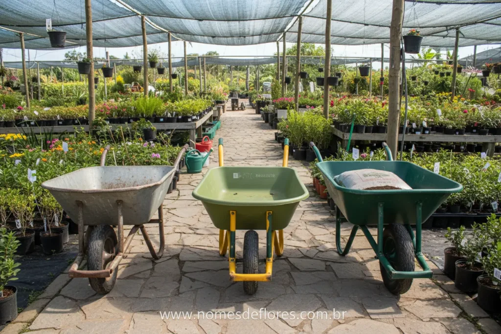 Detalhes de carrinhos de mão de plástico e metal.