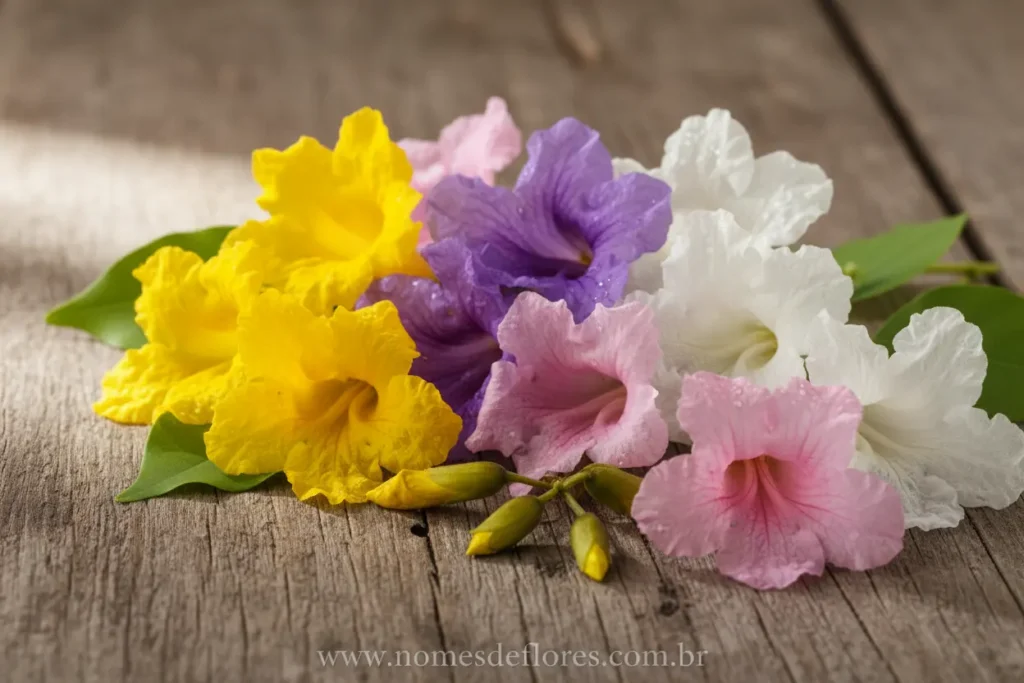 Flores de Ipê em diferentes cores: amarelo, roxo, rosa e branco.