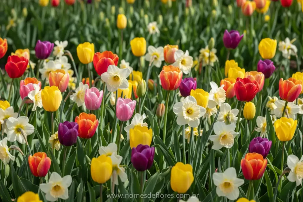Tulipas e Narcisos em plena floração vibrante em um jardim