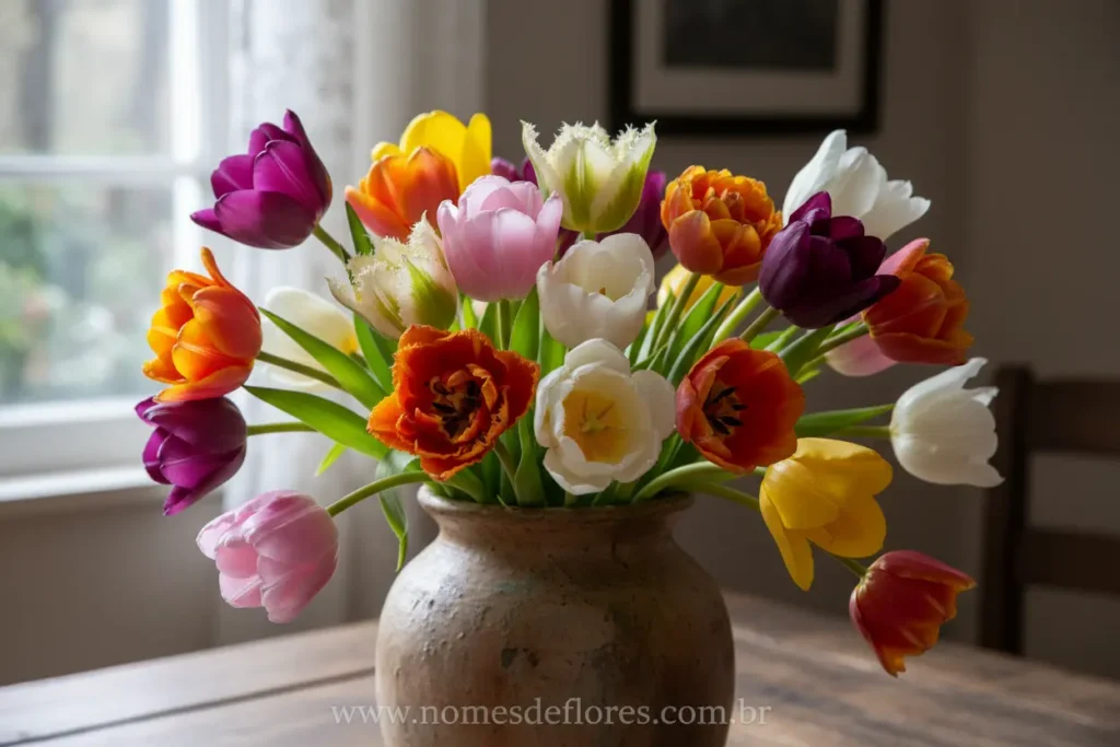 Diversas variedades de tulipas coloridas em um jardim harmonioso