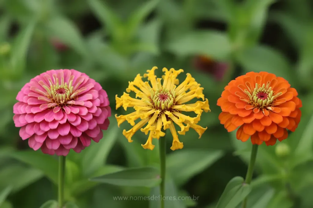 Diferentes variedades e cores de Zínia em um jardim florido