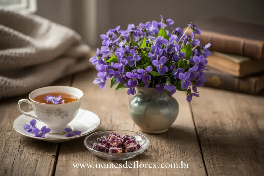Violetas na decoração de mesa e uso culinário gourmet.