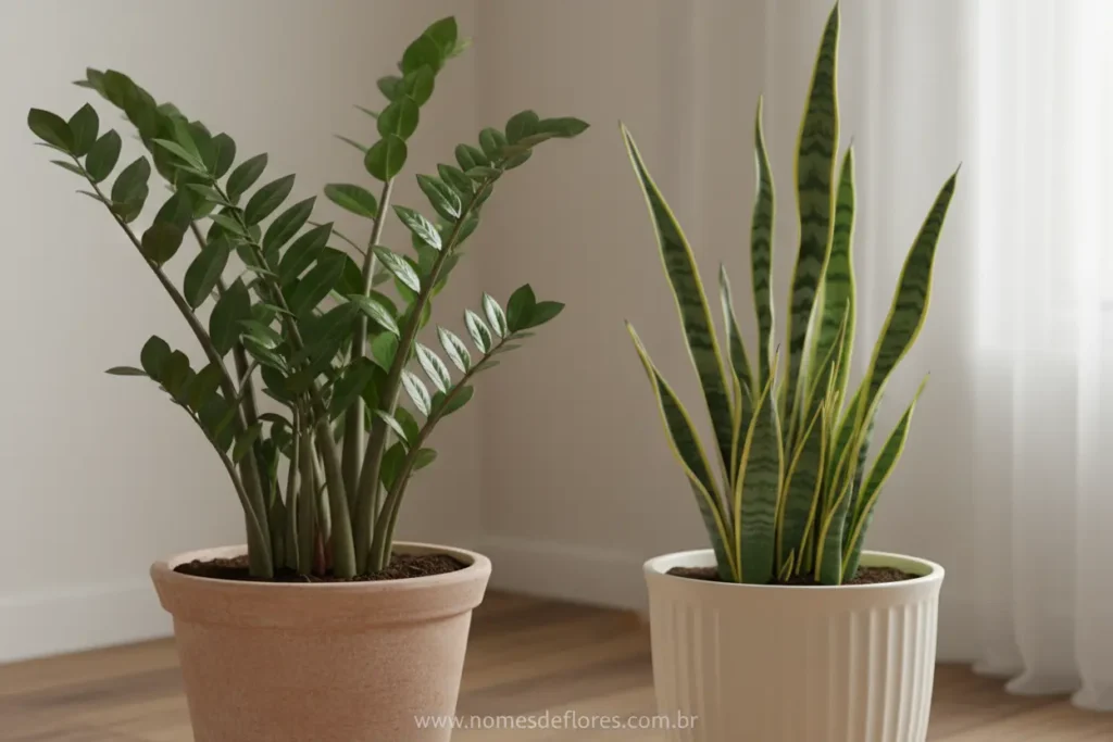 Zamioculcas e Espada de São Jorge em ambiente escuro