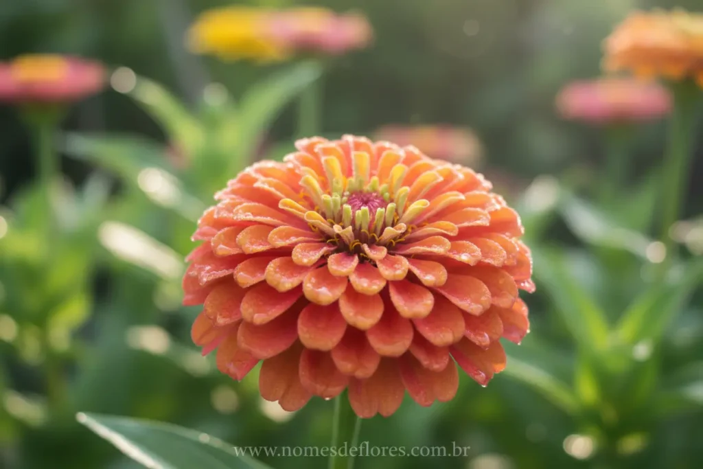Zínia com orvalho, um exemplo de flor que se adapta a ambientes diversos